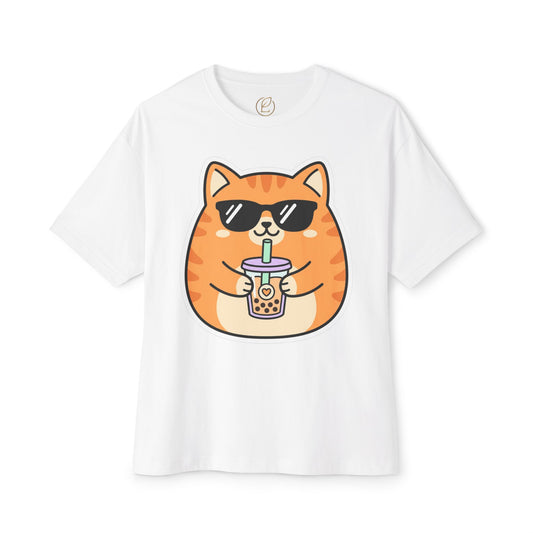 Cute Orange Cat Drinking Bubble Tea T-Shirt — Oversized Boxy Tee