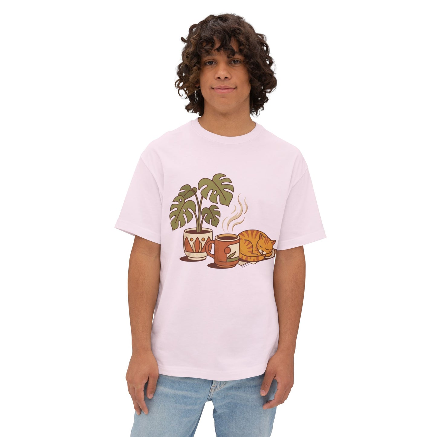 Cozy Cat & Coffee Tee — Cat Sleeping with Plant Graphic Shirt