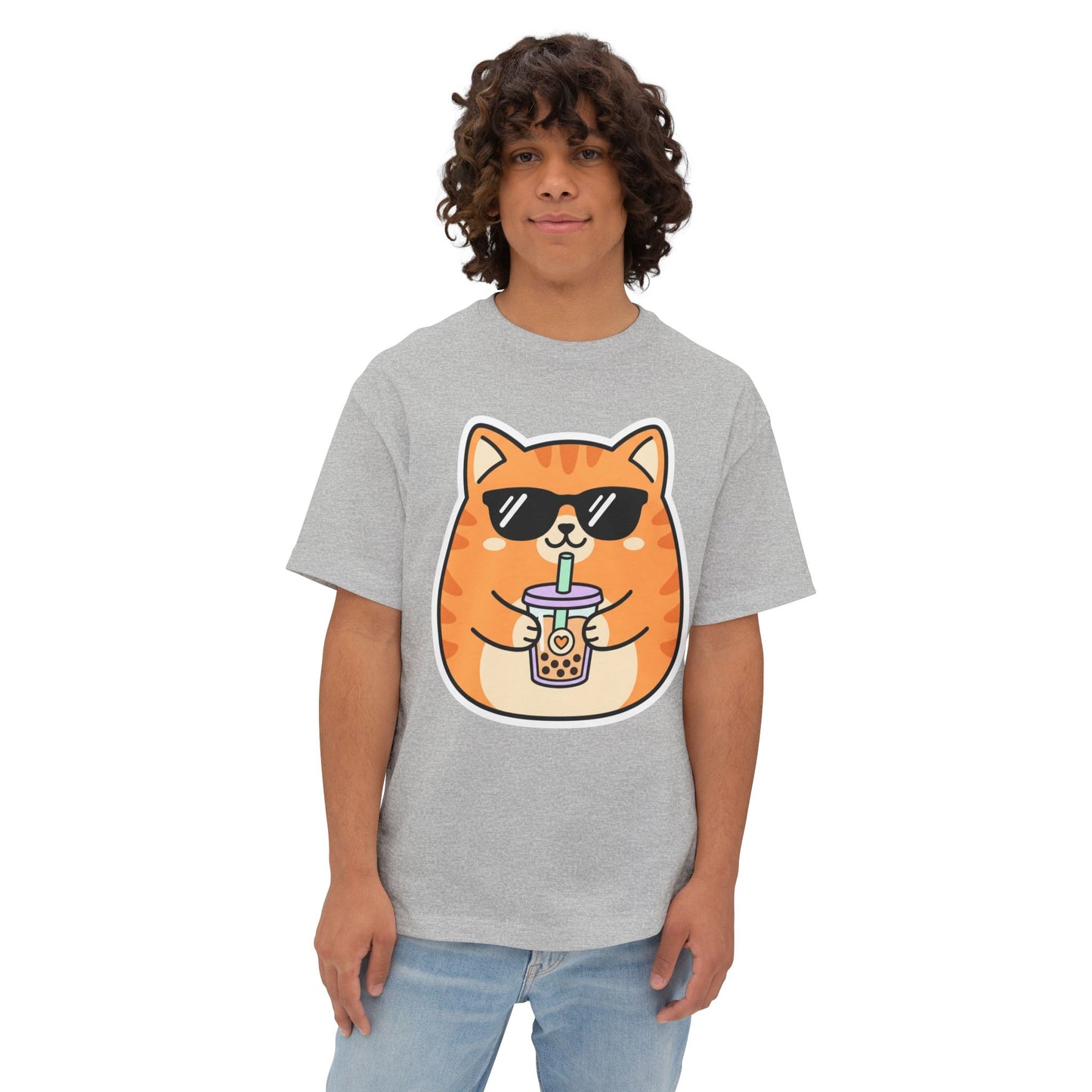 Cute Orange Cat Drinking Bubble Tea T-Shirt — Oversized Boxy Tee