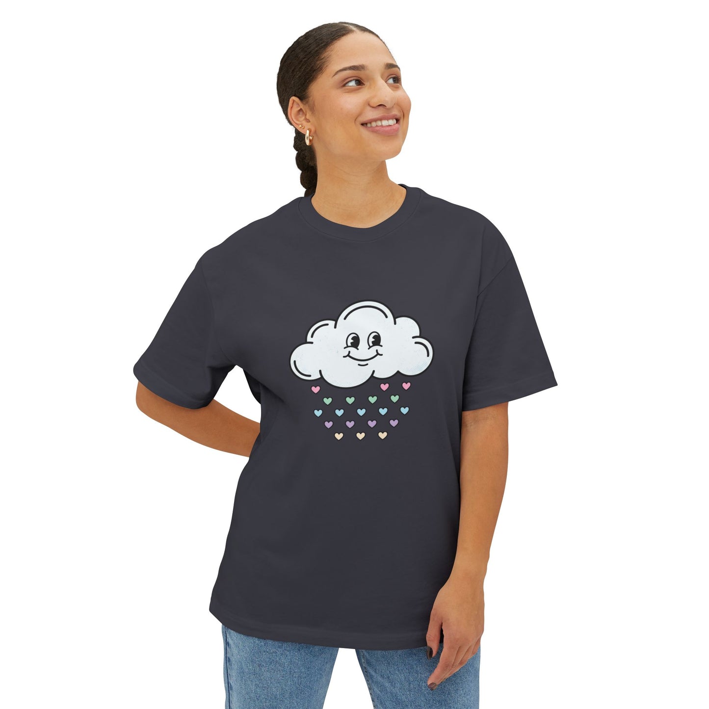 Cloud Smile Tee — Cute Rain of Hearts Oversized T‑Shirt