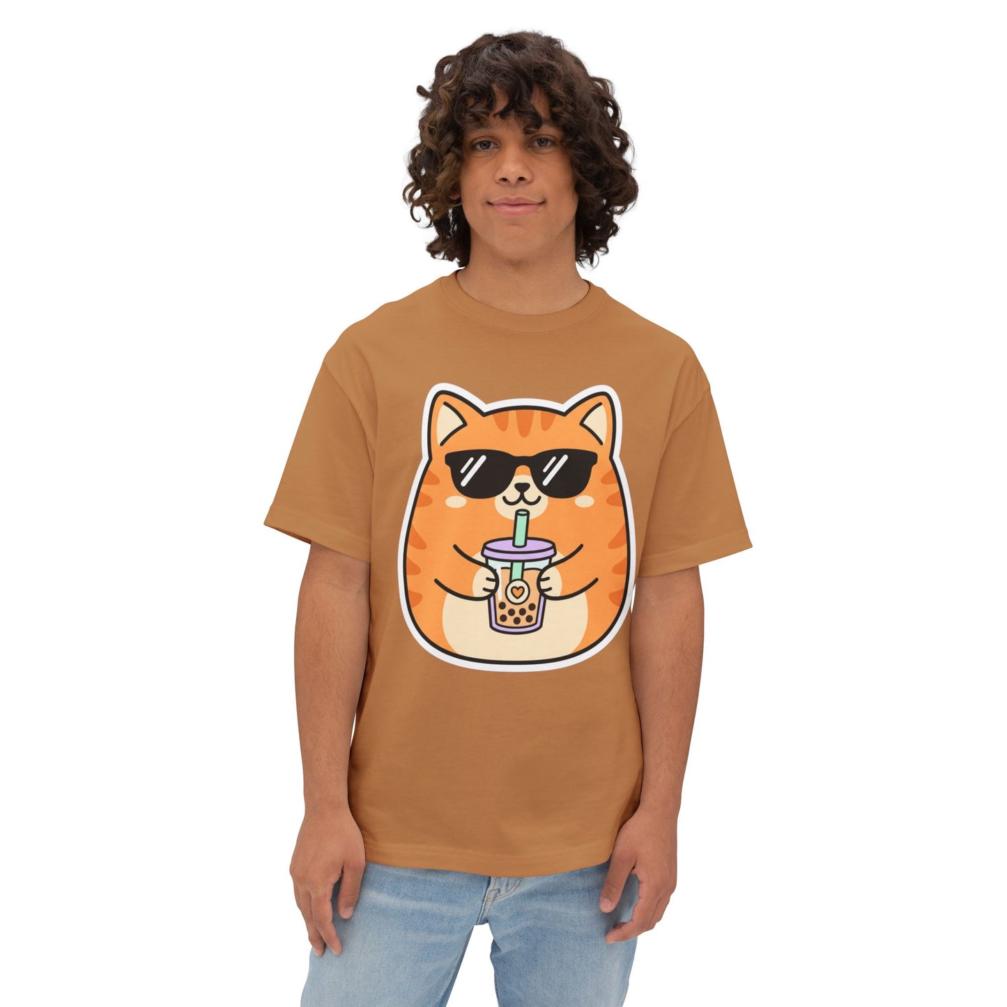Cute Orange Cat Drinking Bubble Tea T-Shirt — Oversized Boxy Tee