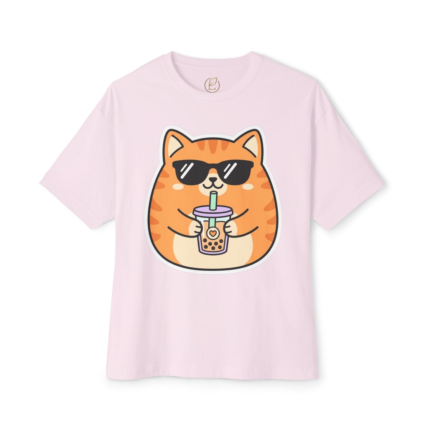 Cute Orange Cat Drinking Bubble Tea T-Shirt — Oversized Boxy Tee