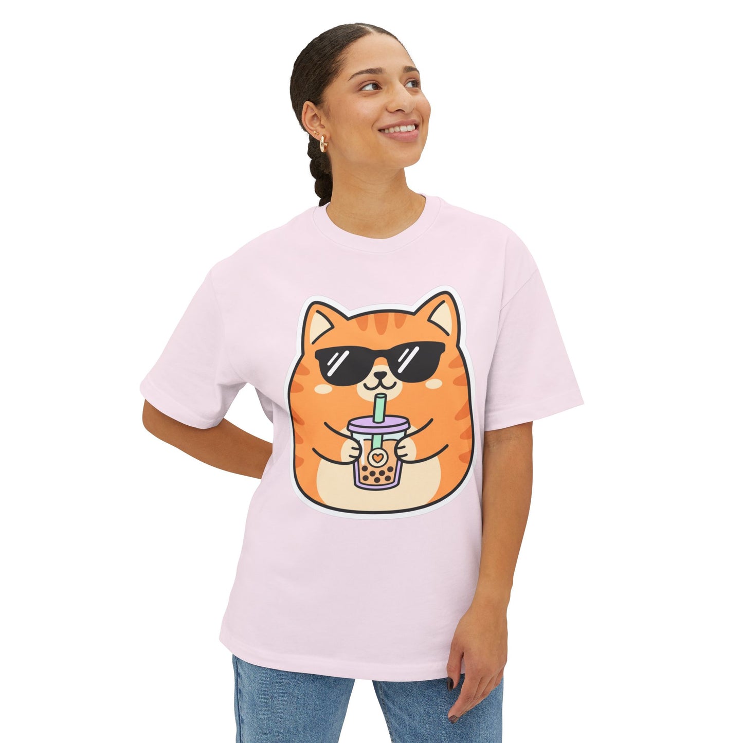 Cute Orange Cat Drinking Bubble Tea T-Shirt — Oversized Boxy Tee