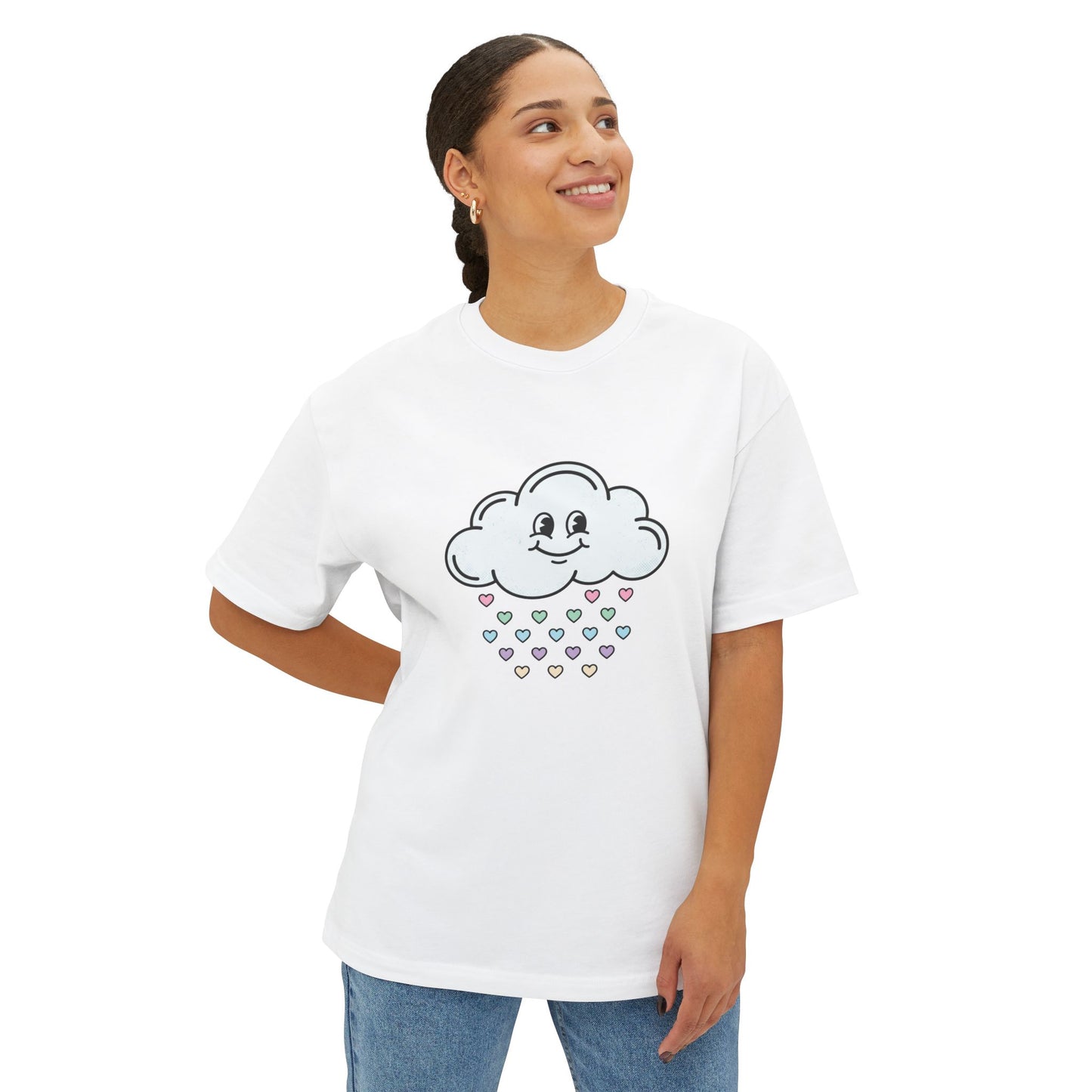 Cloud Smile Tee — Cute Rain of Hearts Oversized T‑Shirt