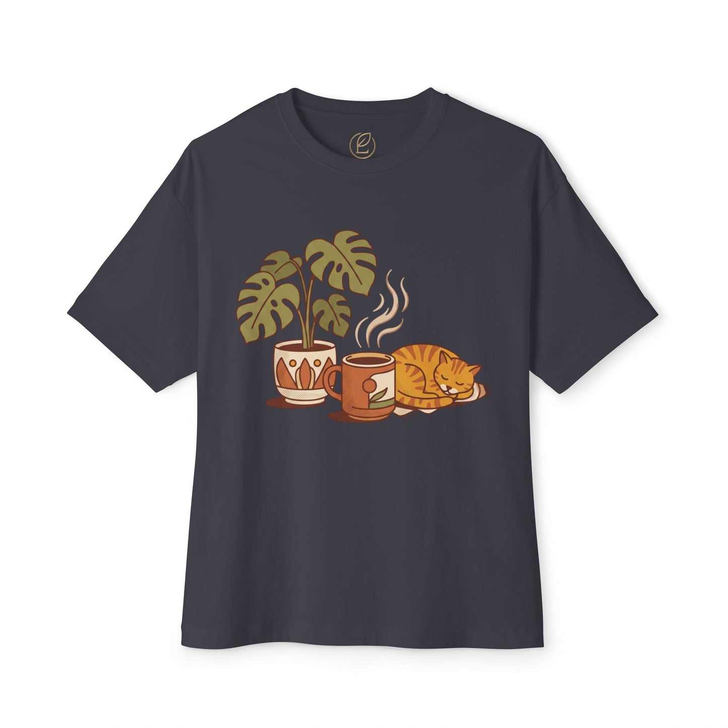 Cozy Cat & Coffee Tee — Cat Sleeping with Plant Graphic Shirt