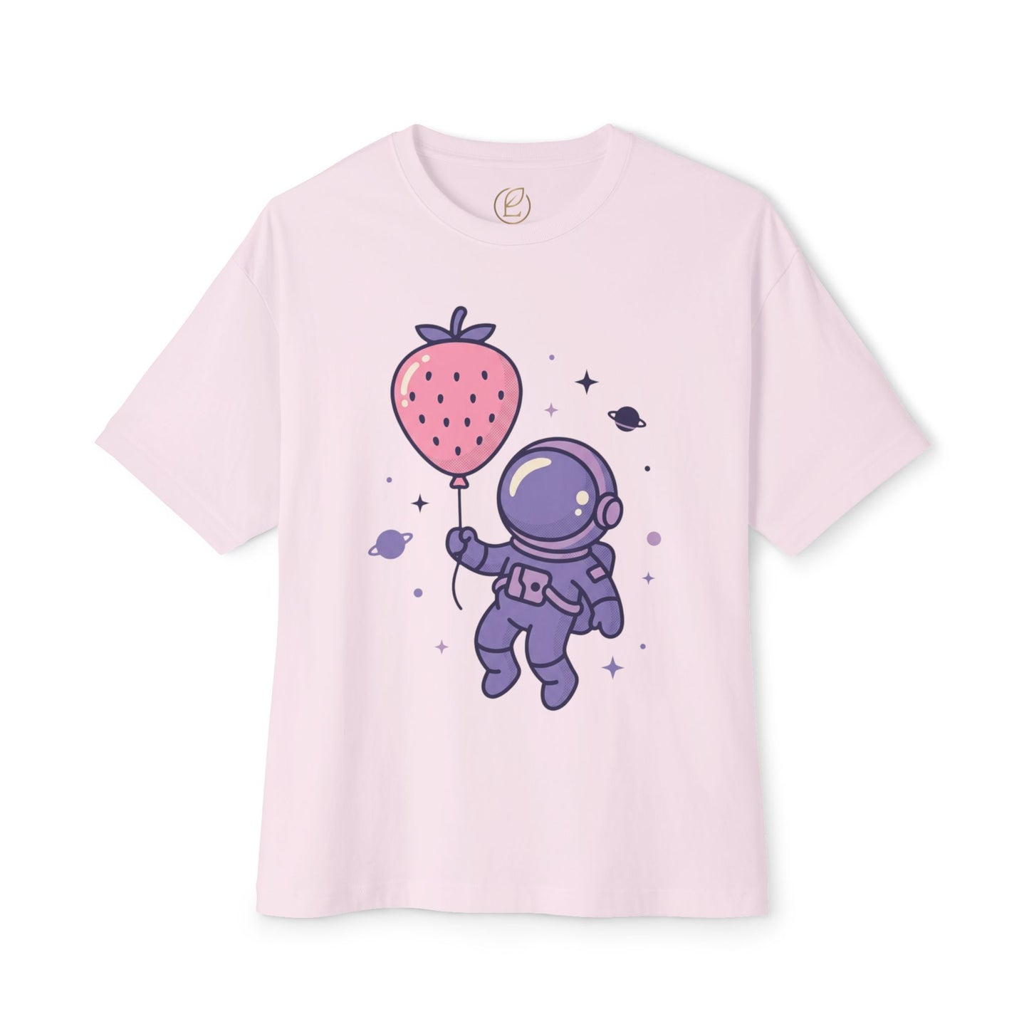 Astronaut Holding Strawberry Balloon Tee — Cute Space Graphic T-Shirt