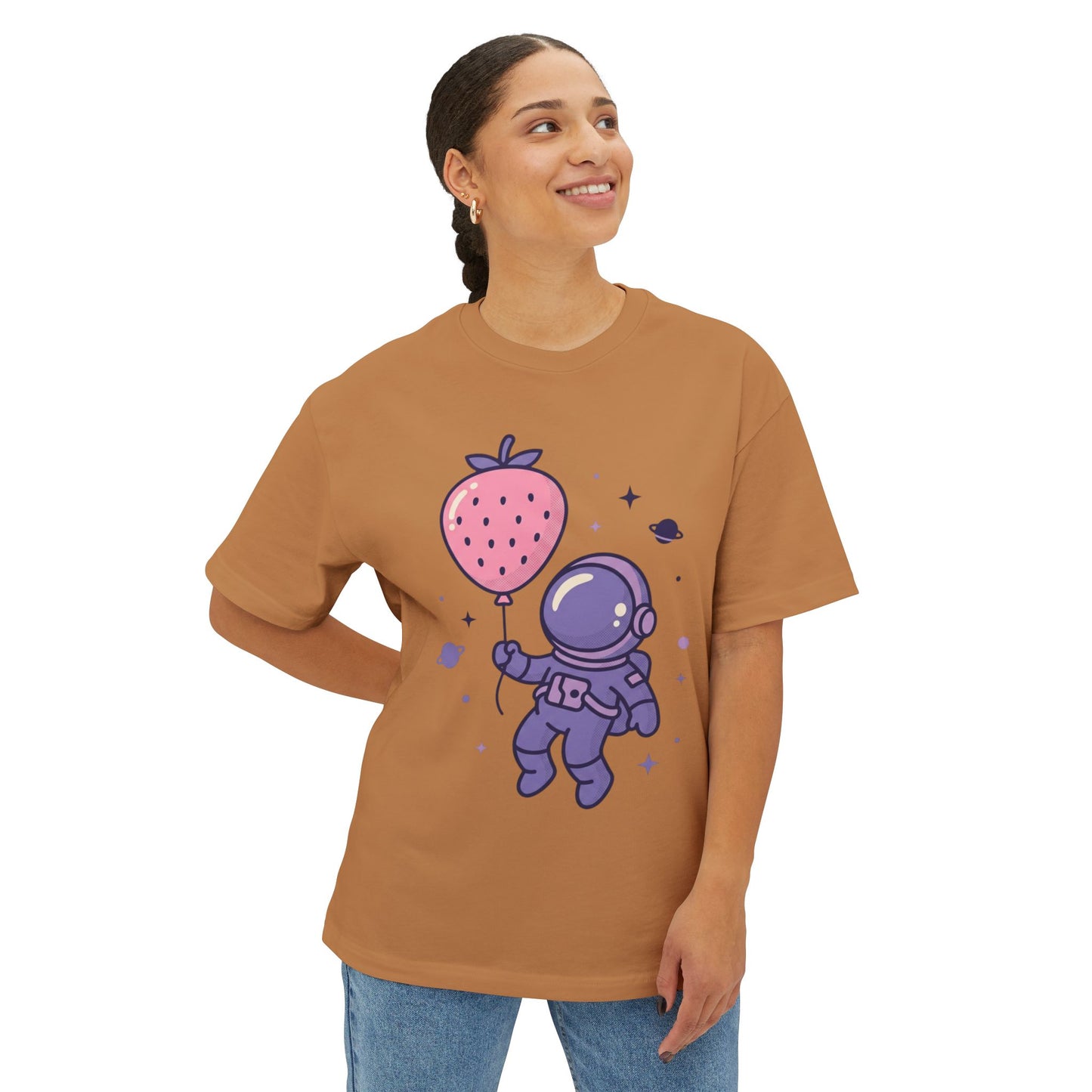 Astronaut Holding Strawberry Balloon Tee — Cute Space Graphic T-Shirt