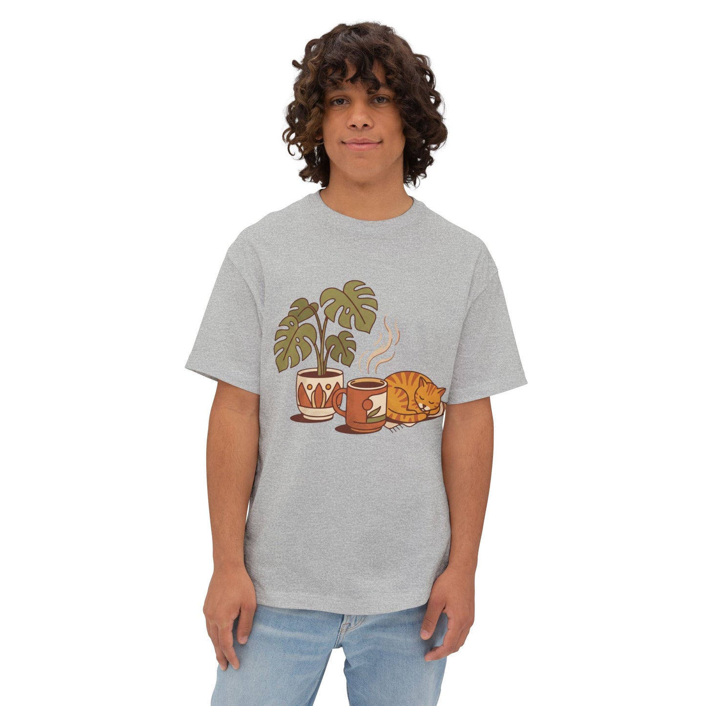 Cozy Cat & Coffee Tee — Cat Sleeping with Plant Graphic Shirt