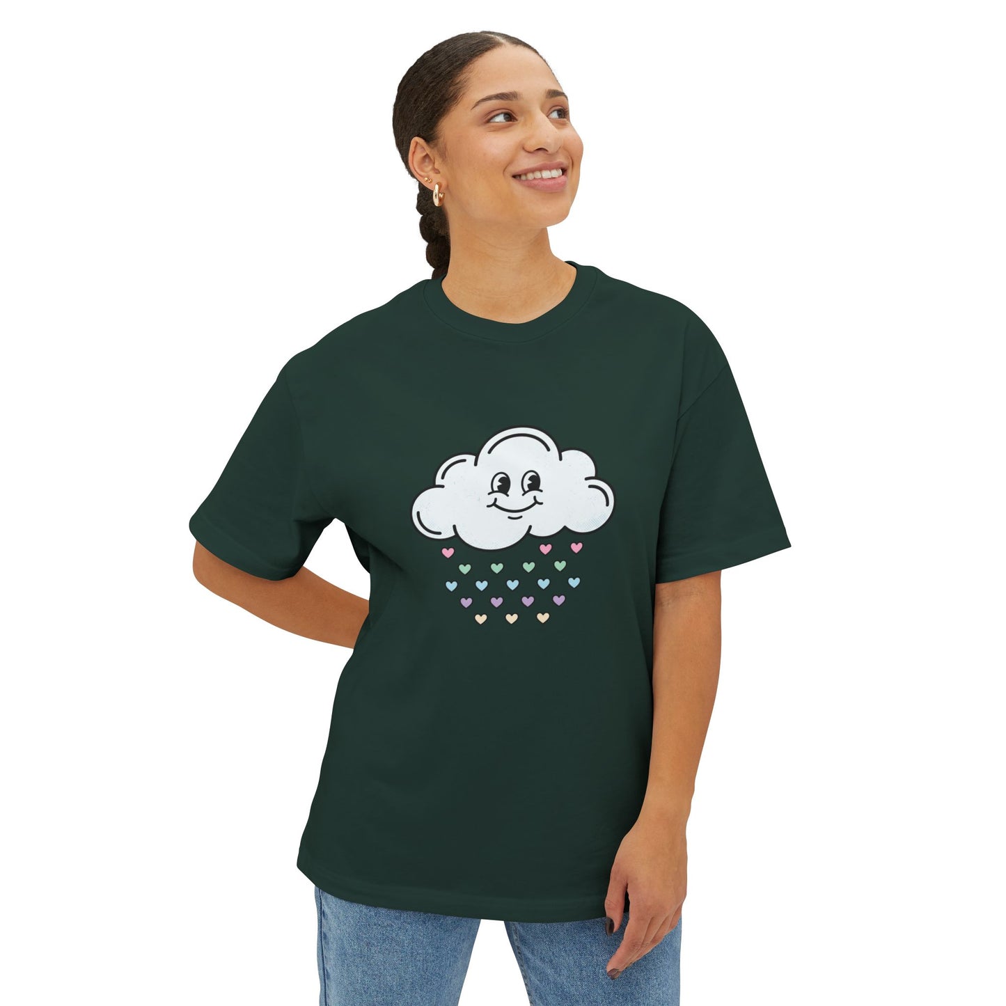 Cloud Smile Tee — Cute Rain of Hearts Oversized T‑Shirt