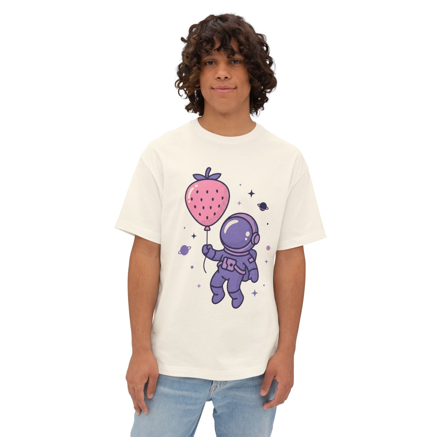 Astronaut Holding Strawberry Balloon Tee — Cute Space Graphic T-Shirt