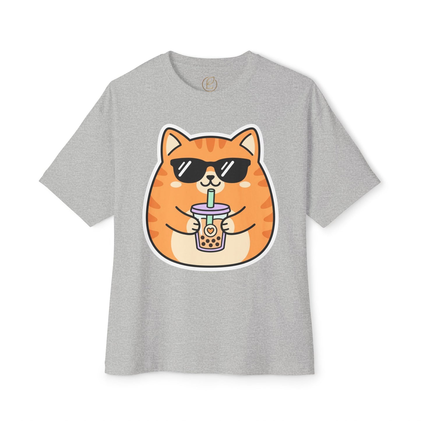 Cute Orange Cat Drinking Bubble Tea T-Shirt — Oversized Boxy Tee