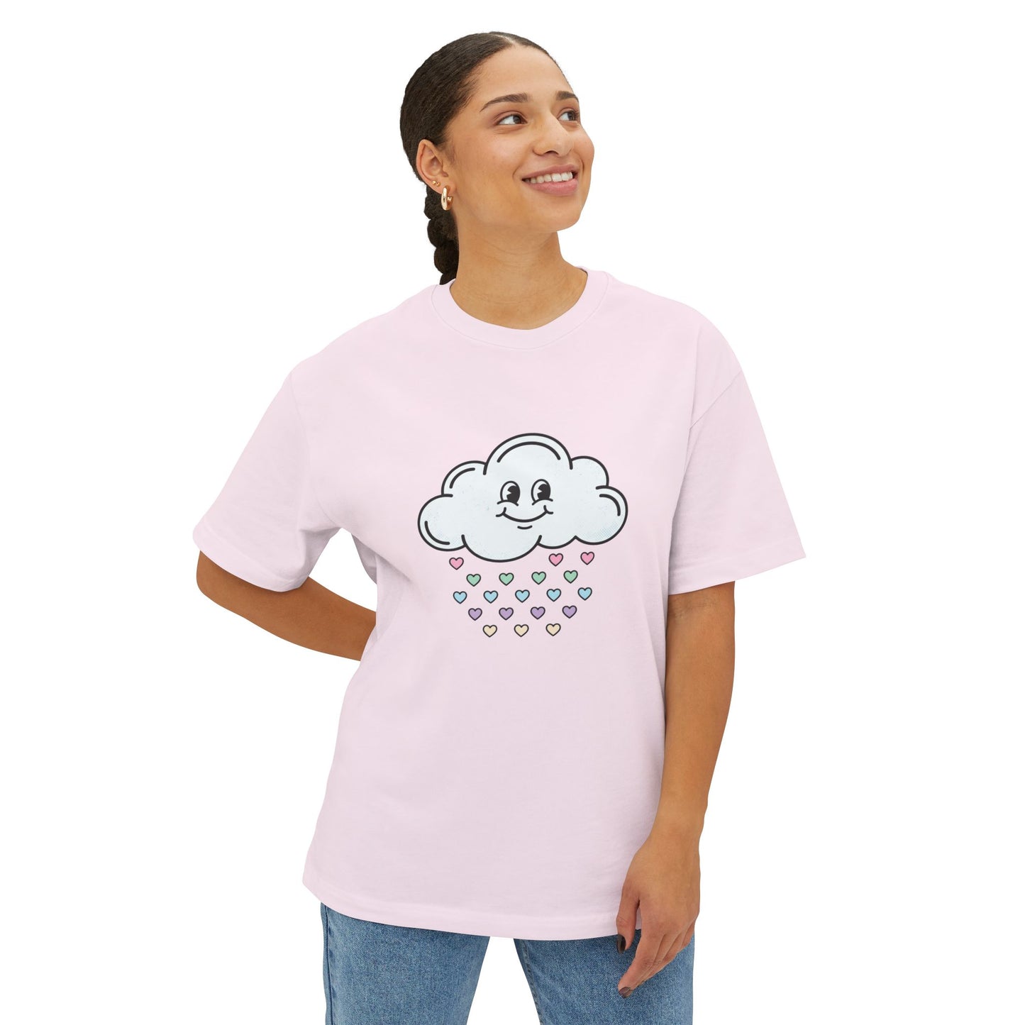 Cloud Smile Tee — Cute Rain of Hearts Oversized T‑Shirt