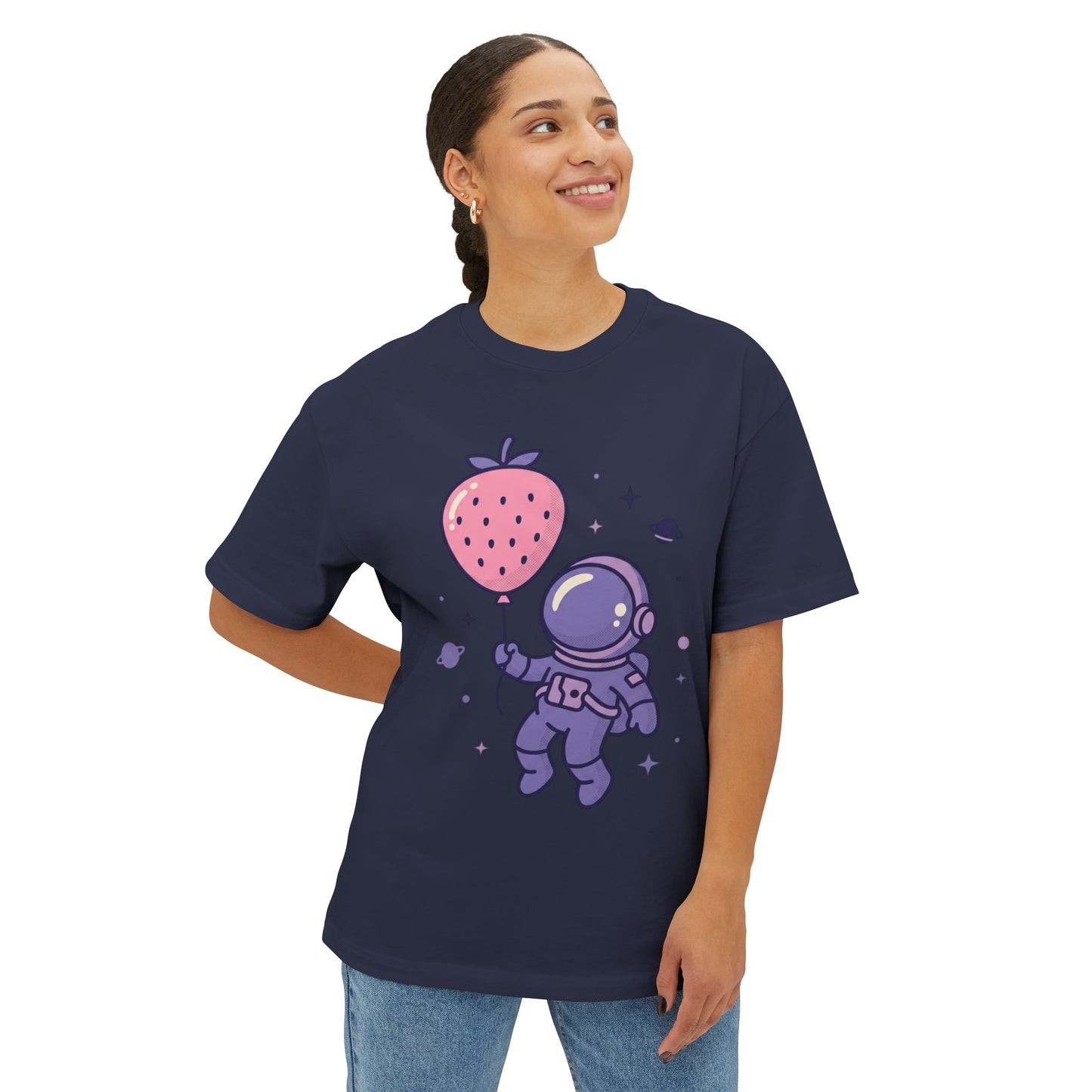 Astronaut Holding Strawberry Balloon Tee — Cute Space Graphic T-Shirt