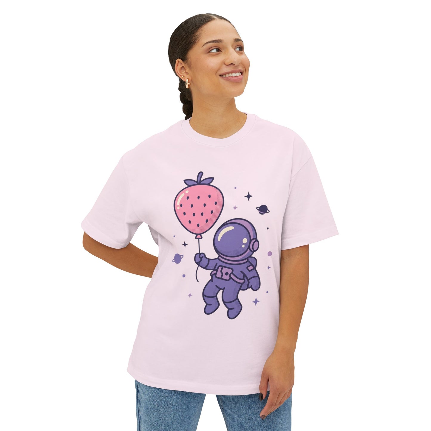 Astronaut Holding Strawberry Balloon Tee — Cute Space Graphic T-Shirt