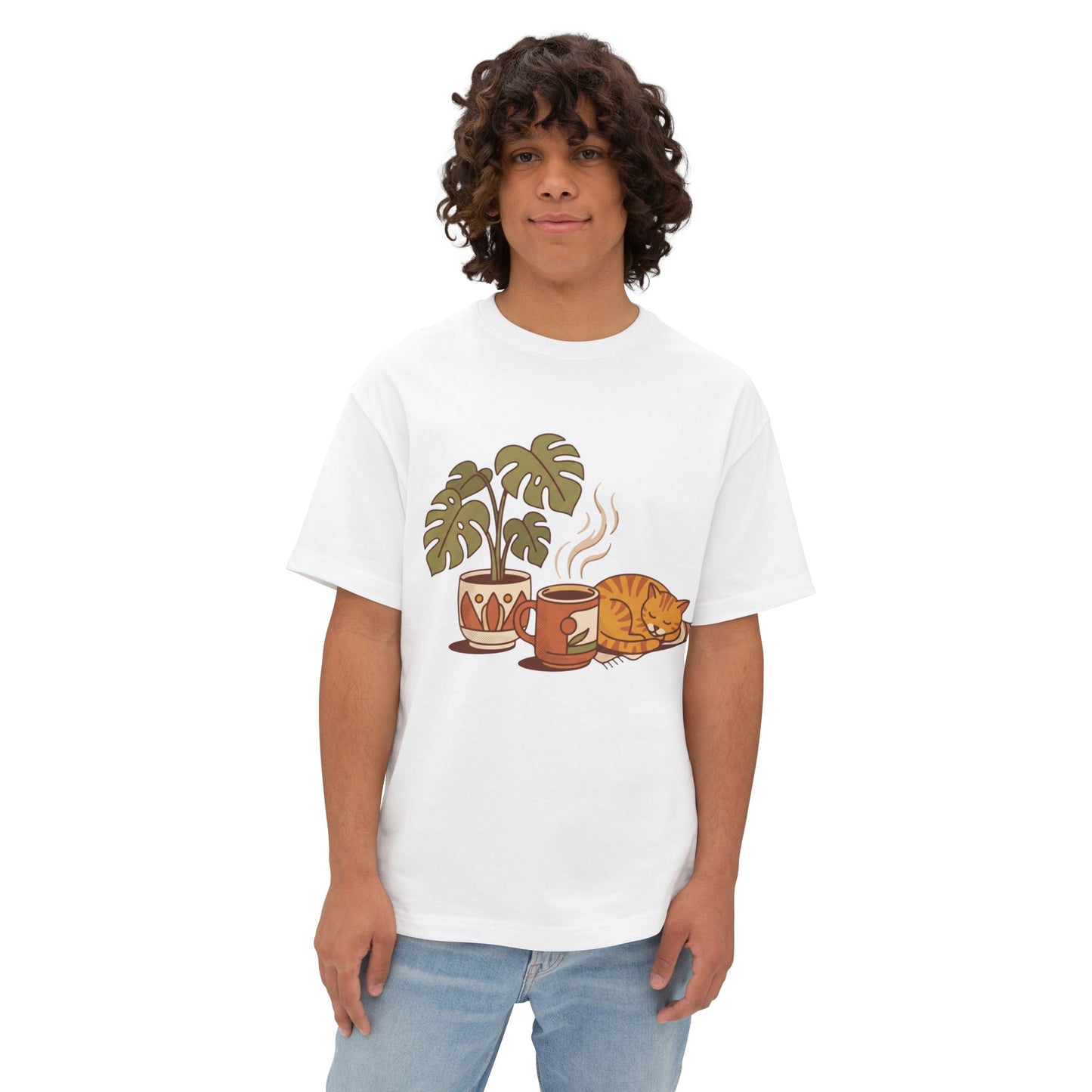Cozy Cat & Coffee Tee — Cat Sleeping with Plant Graphic Shirt