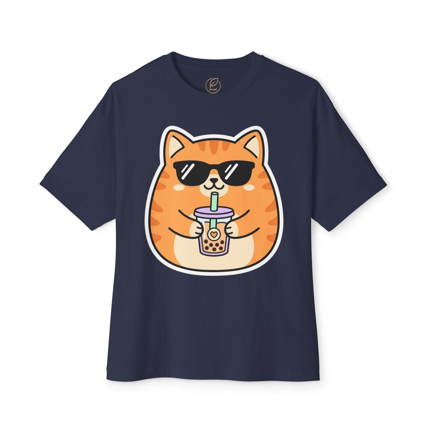Cute Orange Cat Drinking Bubble Tea T-Shirt — Oversized Boxy Tee