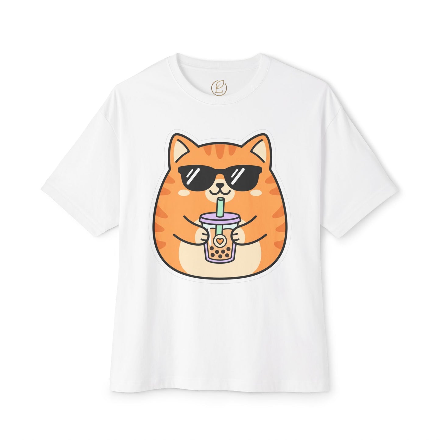 Cute Orange Cat Drinking Bubble Tea T-Shirt — Oversized Boxy Tee