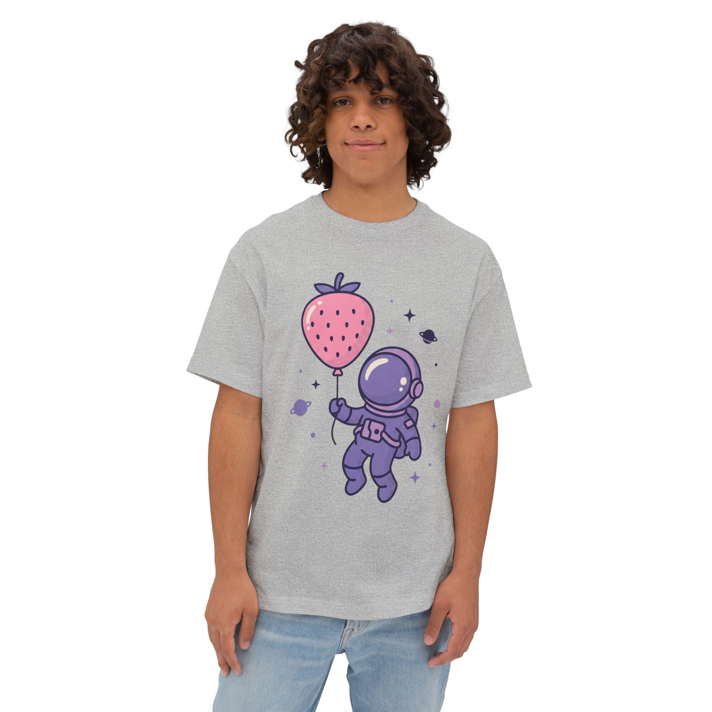 Astronaut Holding Strawberry Balloon Tee — Cute Space Graphic T-Shirt