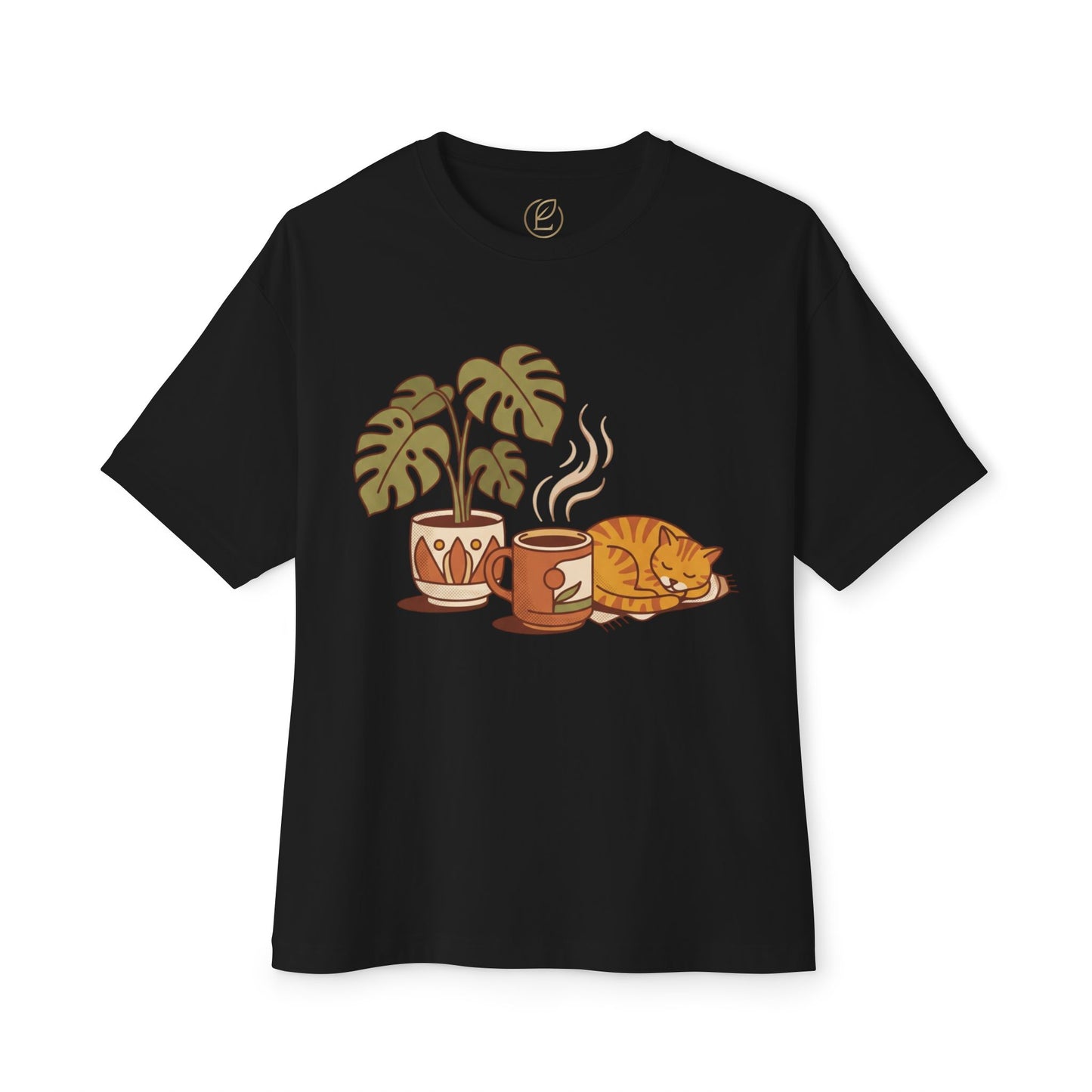 Cozy Cat & Coffee Tee — Cat Sleeping with Plant Graphic Shirt
