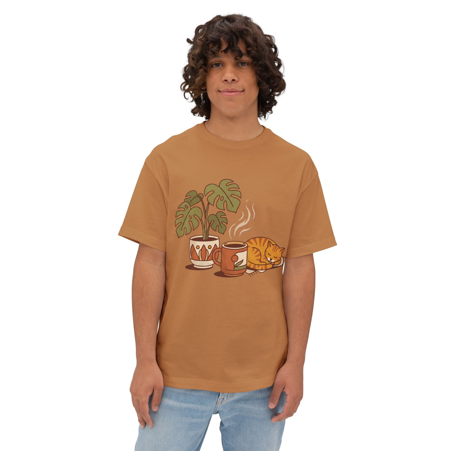 Cozy Cat & Coffee Tee — Cat Sleeping with Plant Graphic Shirt
