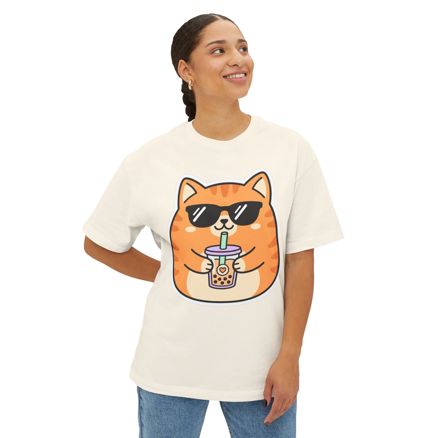 Cute Orange Cat Drinking Bubble Tea T-Shirt — Oversized Boxy Tee
