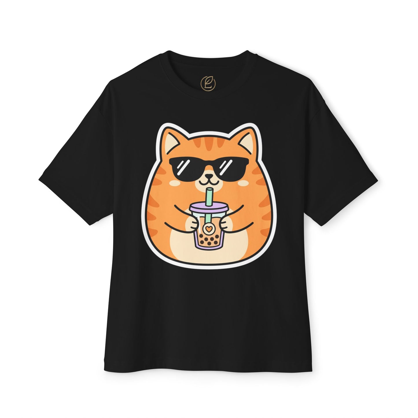 Cute Orange Cat Drinking Bubble Tea T-Shirt — Oversized Boxy Tee
