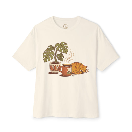 Cozy Cat & Coffee Tee — Cat Sleeping with Plant Graphic Shirt
