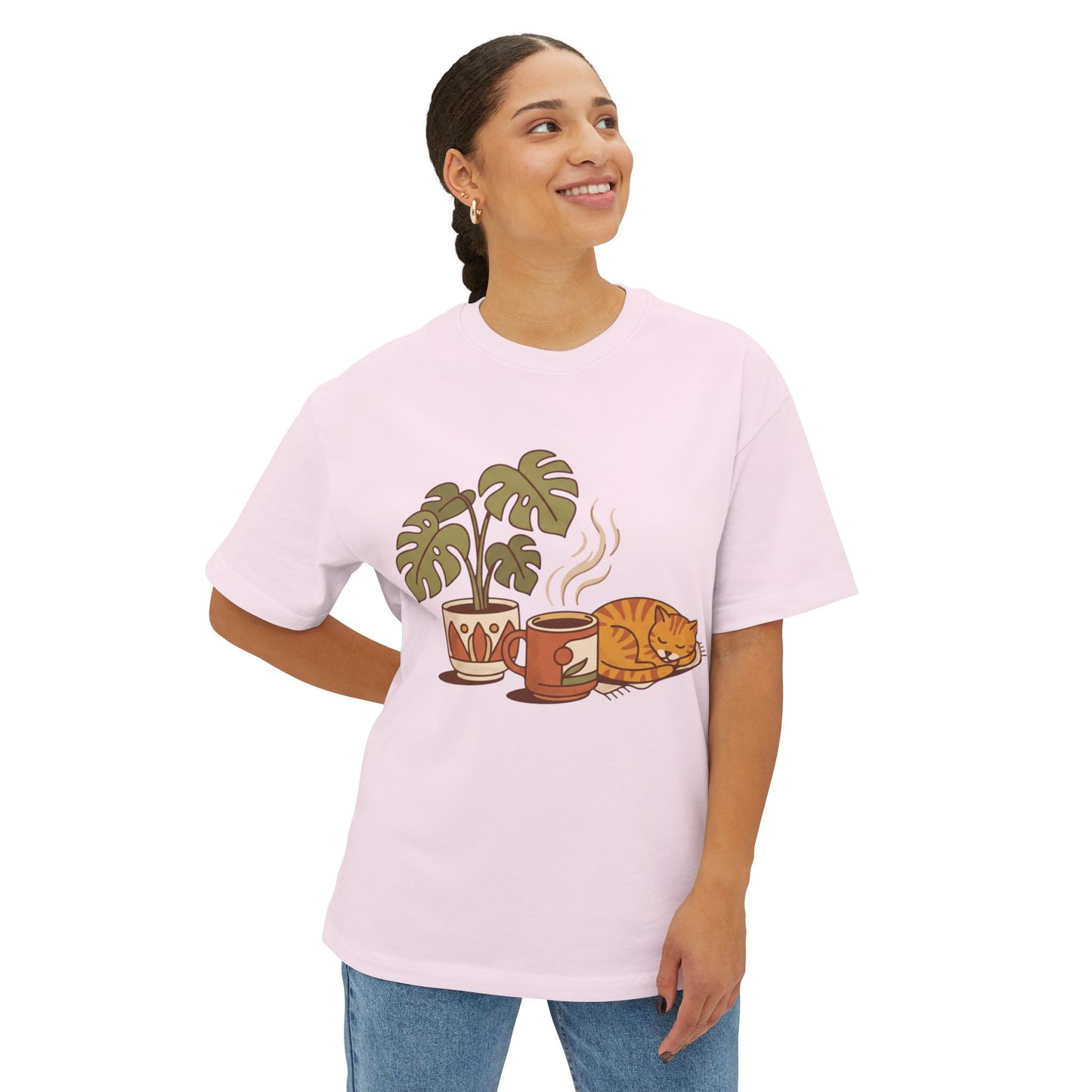 Cozy Cat & Coffee Tee — Cat Sleeping with Plant Graphic Shirt