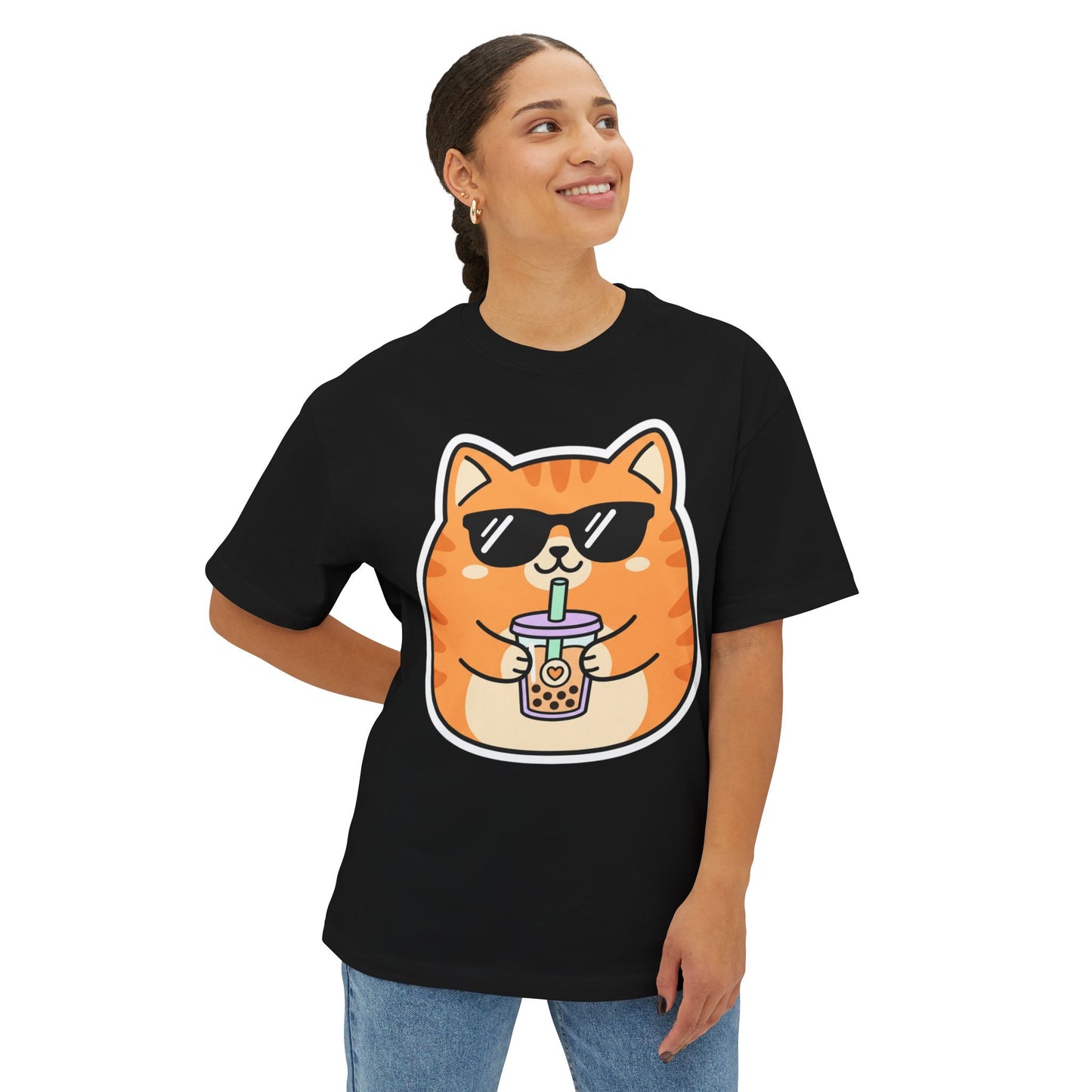 Cute Orange Cat Drinking Bubble Tea T-Shirt — Oversized Boxy Tee