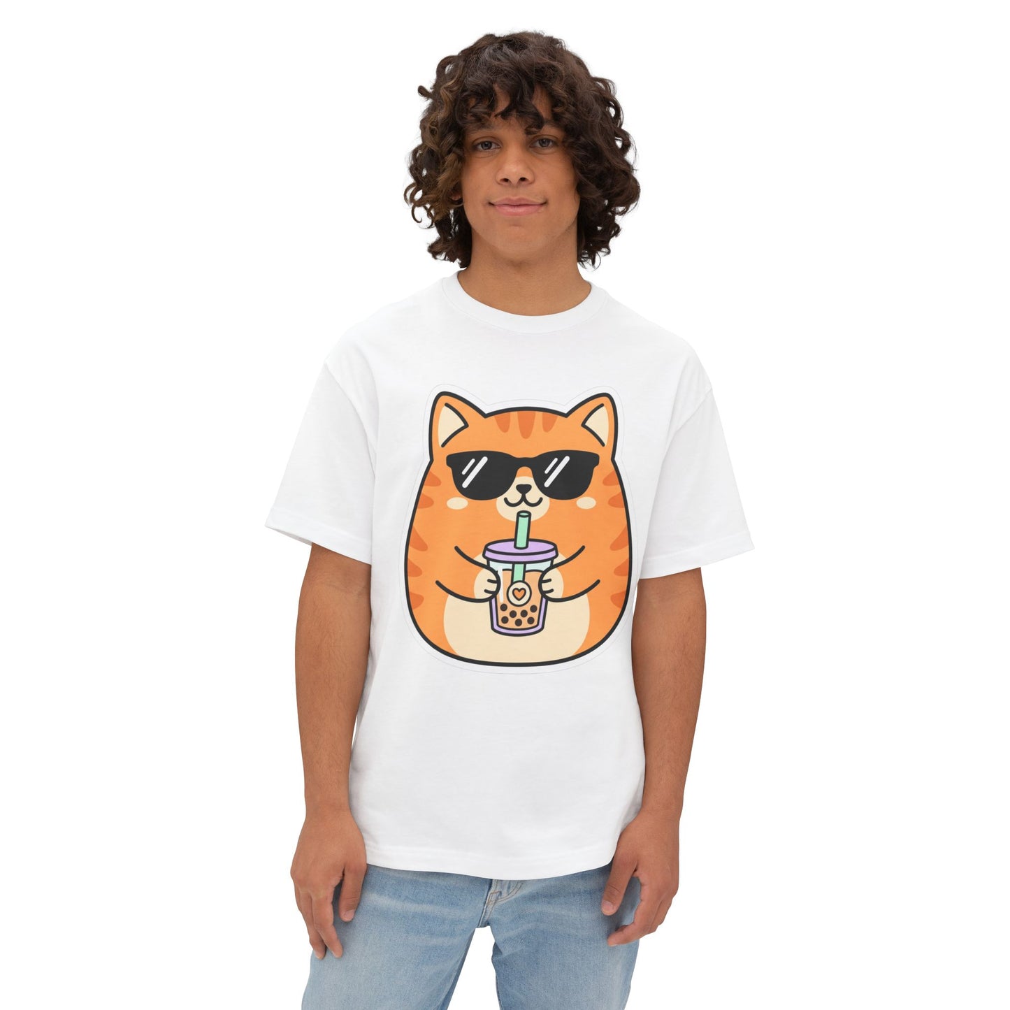 Cute Orange Cat Drinking Bubble Tea T-Shirt — Oversized Boxy Tee