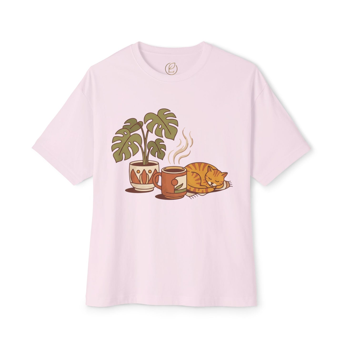 Cozy Cat & Coffee Tee — Cat Sleeping with Plant Graphic Shirt