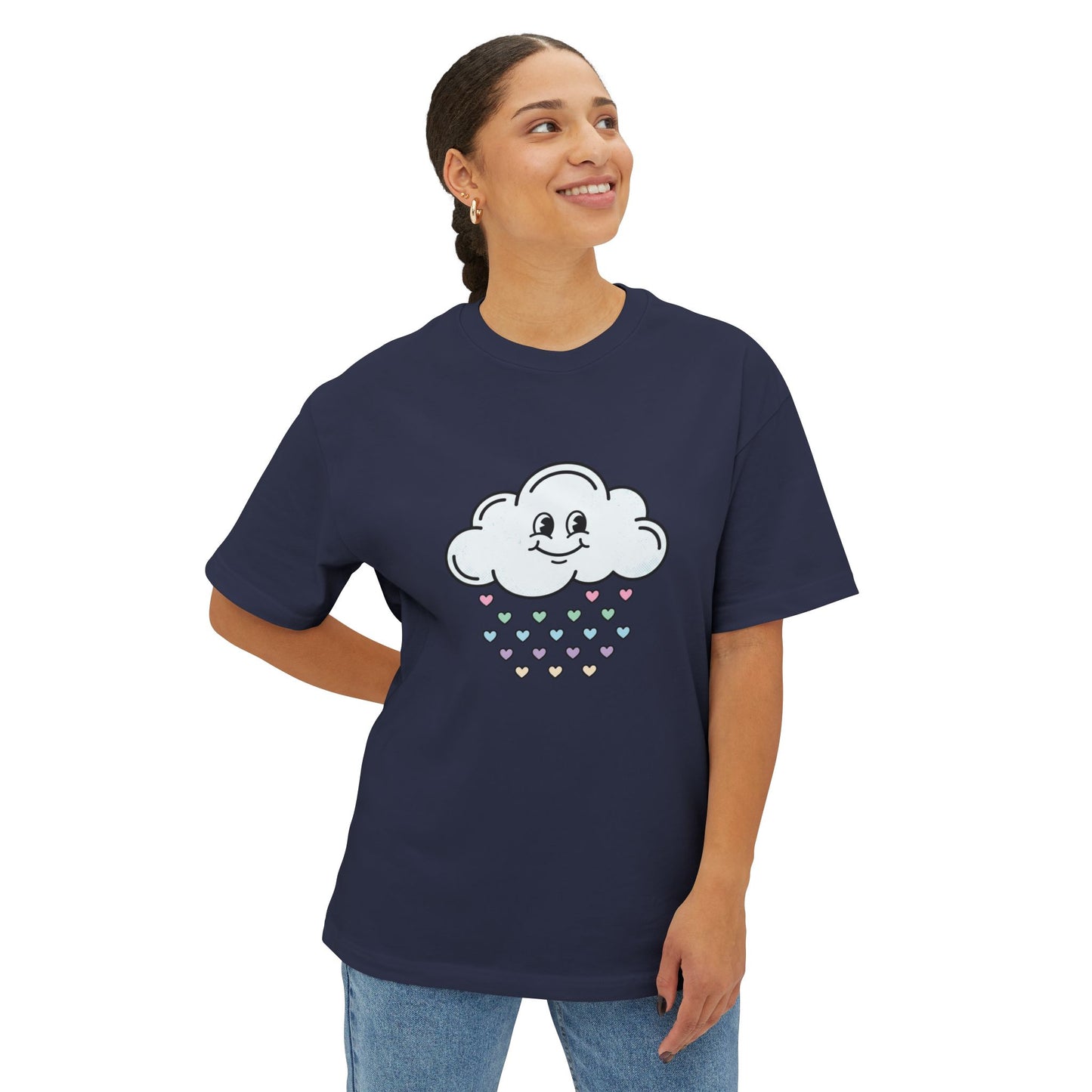 Cloud Smile Tee — Cute Rain of Hearts Oversized T‑Shirt