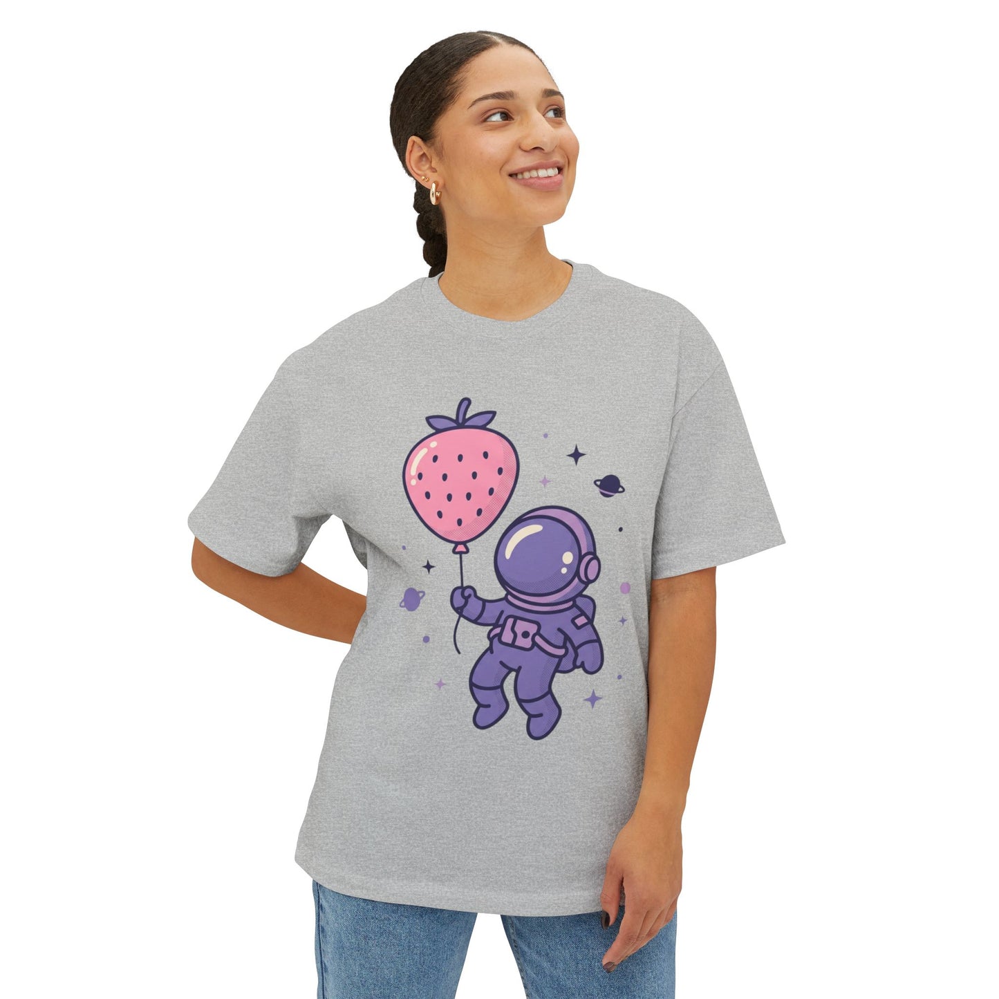 Astronaut Holding Strawberry Balloon Tee — Cute Space Graphic T-Shirt