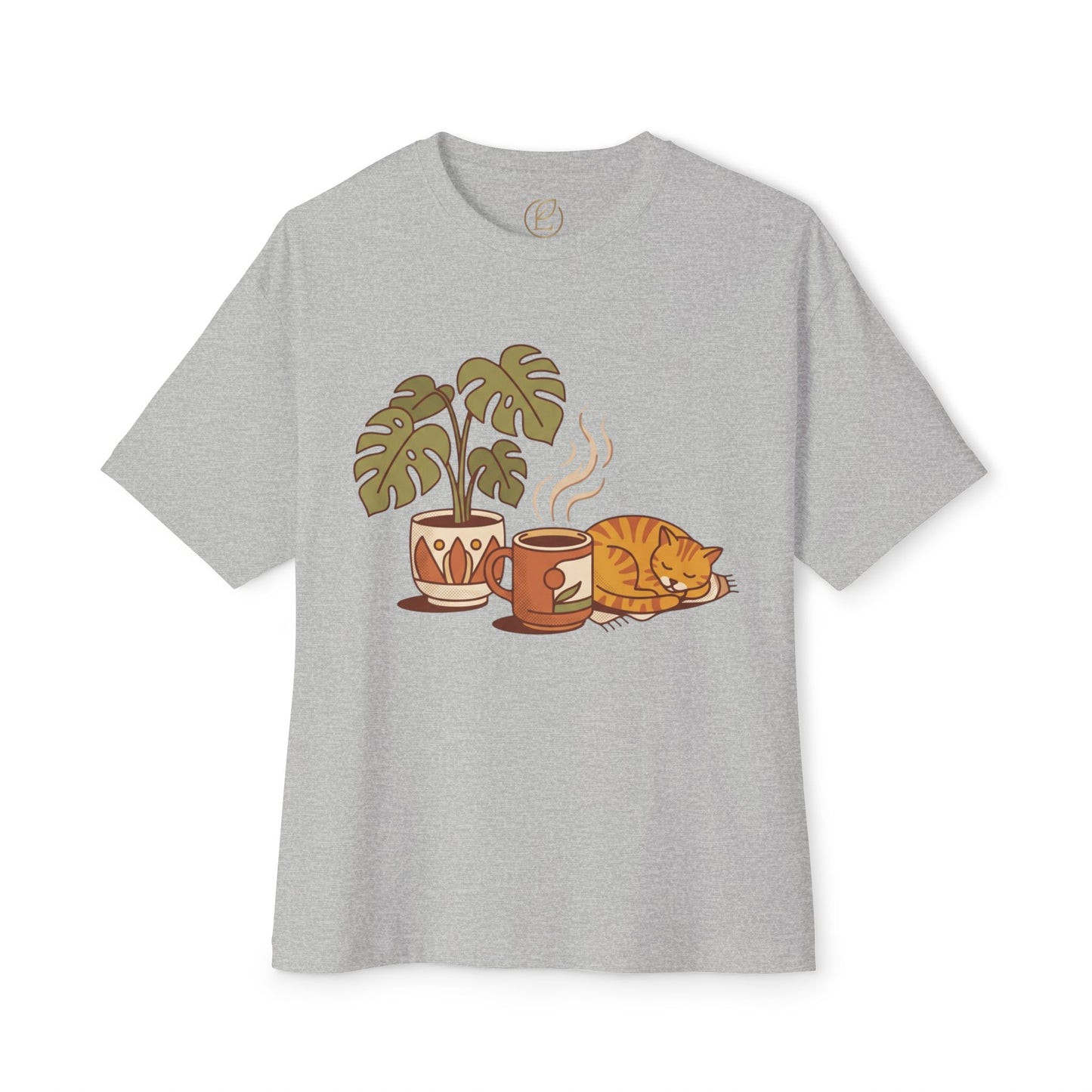 Cozy Cat & Coffee Tee — Cat Sleeping with Plant Graphic Shirt