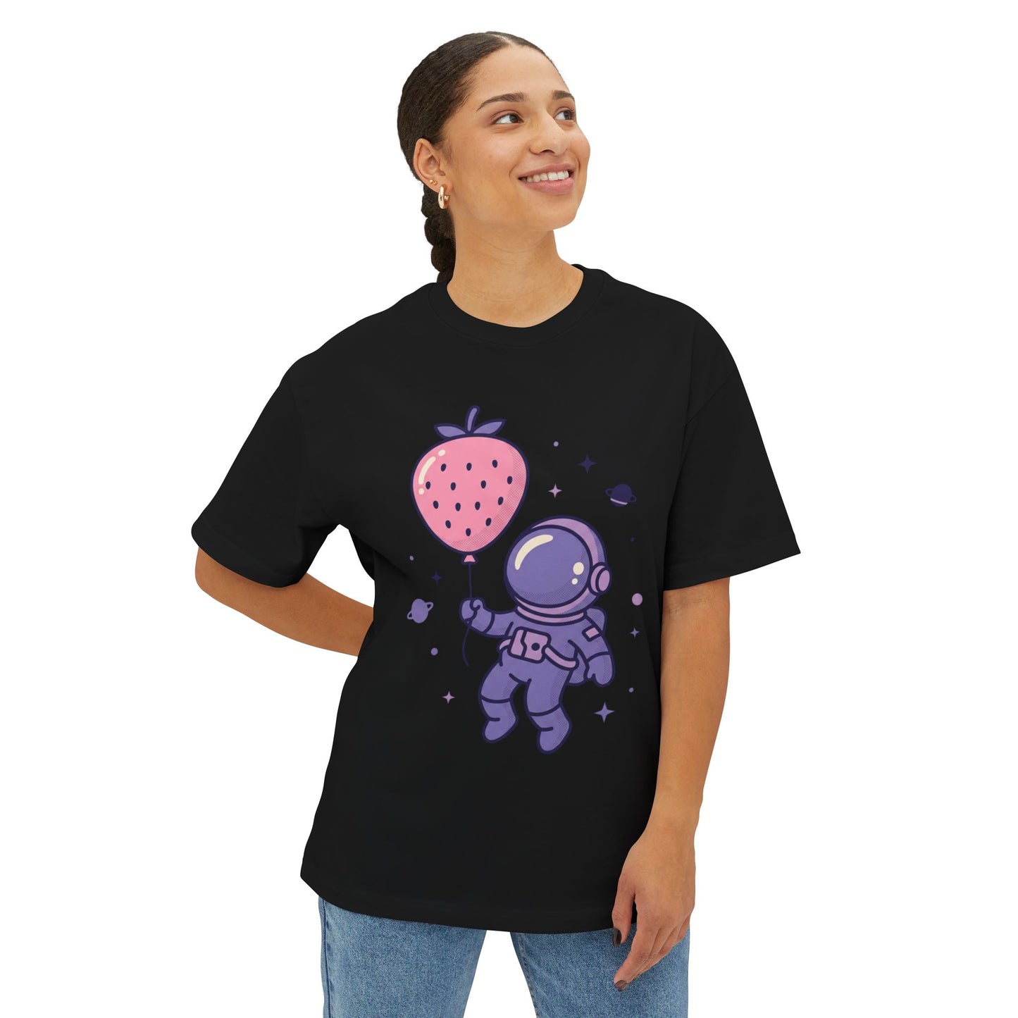 Astronaut Holding Strawberry Balloon Tee — Cute Space Graphic T-Shirt