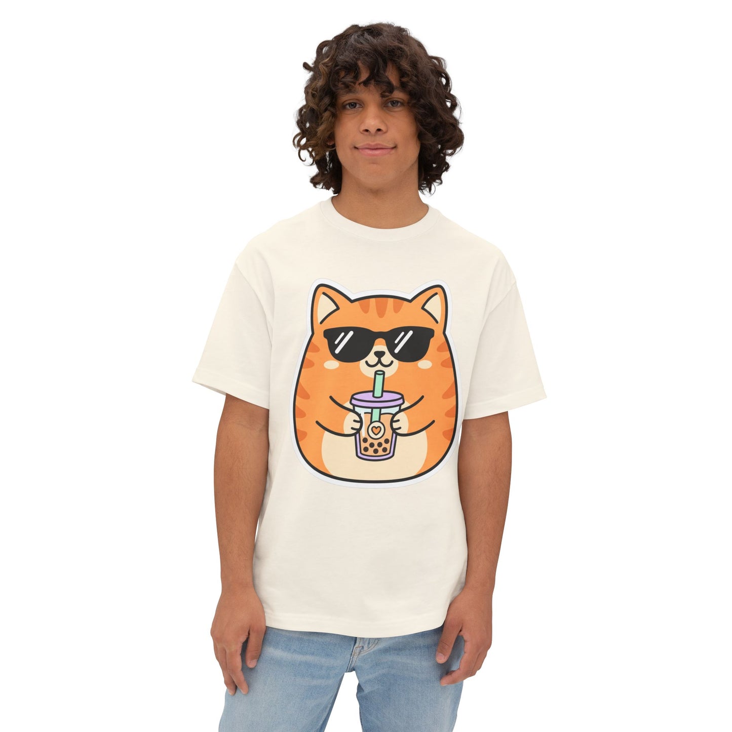 Cute Orange Cat Drinking Bubble Tea T-Shirt — Oversized Boxy Tee