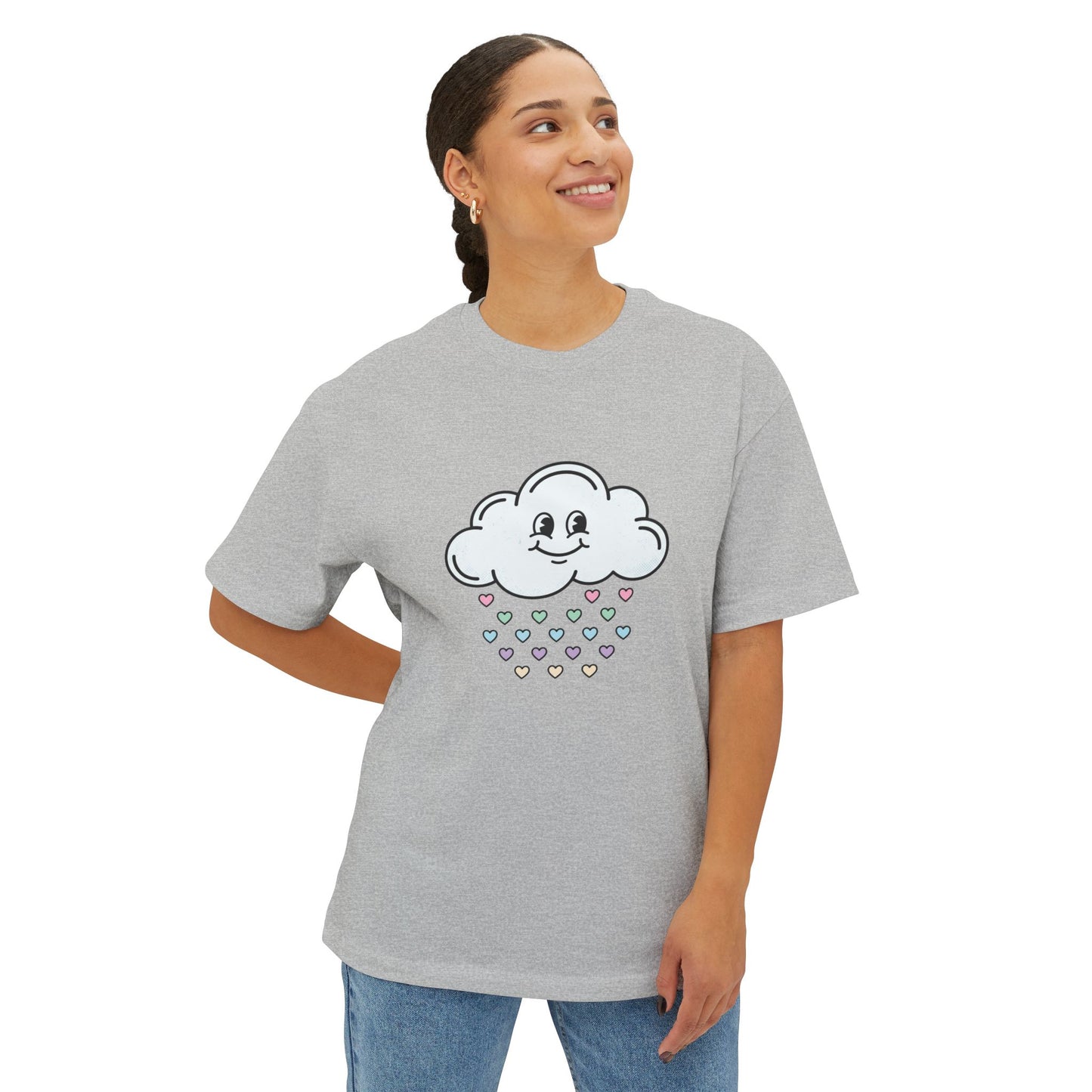 Cloud Smile Tee — Cute Rain of Hearts Oversized T‑Shirt