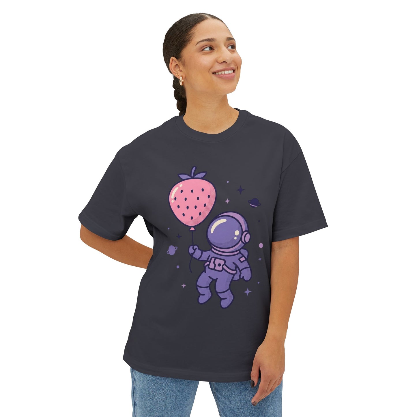 Astronaut Holding Strawberry Balloon Tee — Cute Space Graphic T-Shirt