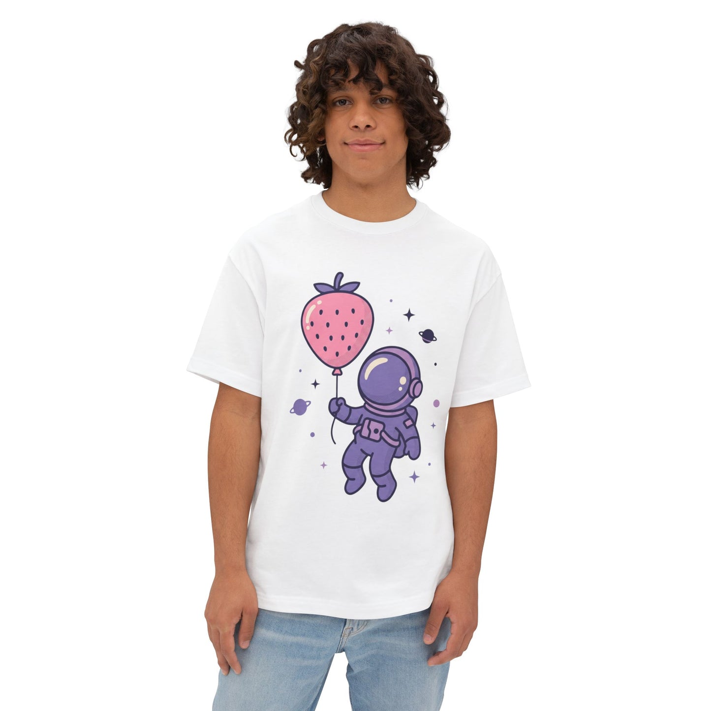 Astronaut Holding Strawberry Balloon Tee — Cute Space Graphic T-Shirt
