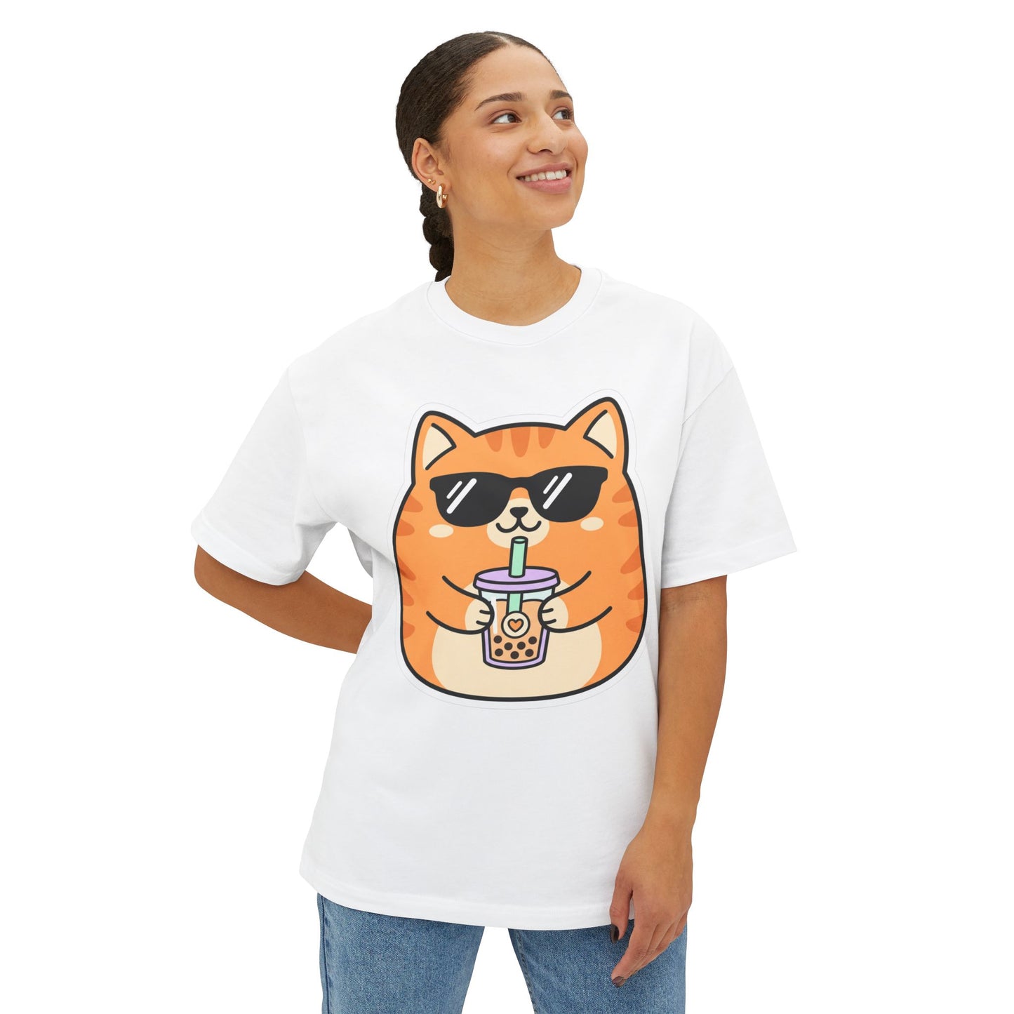 Cute Orange Cat Drinking Bubble Tea T-Shirt — Oversized Boxy Tee