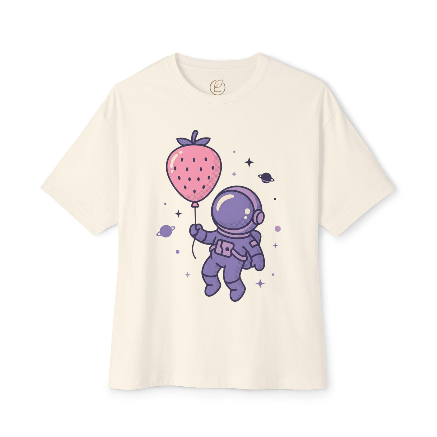 Astronaut Holding Strawberry Balloon Tee — Cute Space Graphic T-Shirt