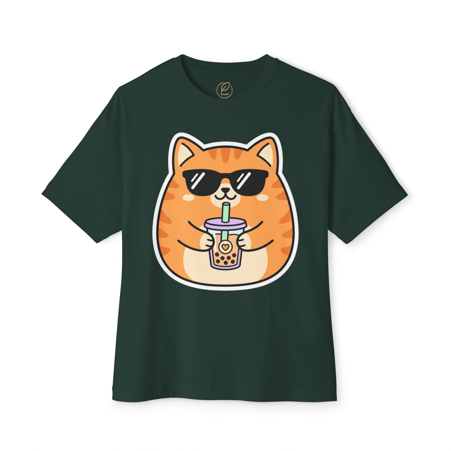 Cute Orange Cat Drinking Bubble Tea T-Shirt — Oversized Boxy Tee