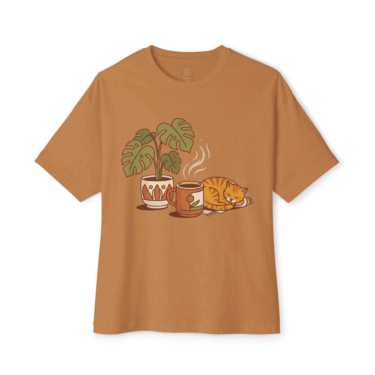 Cozy Cat & Coffee Tee — Cat Sleeping with Plant Graphic Shirt