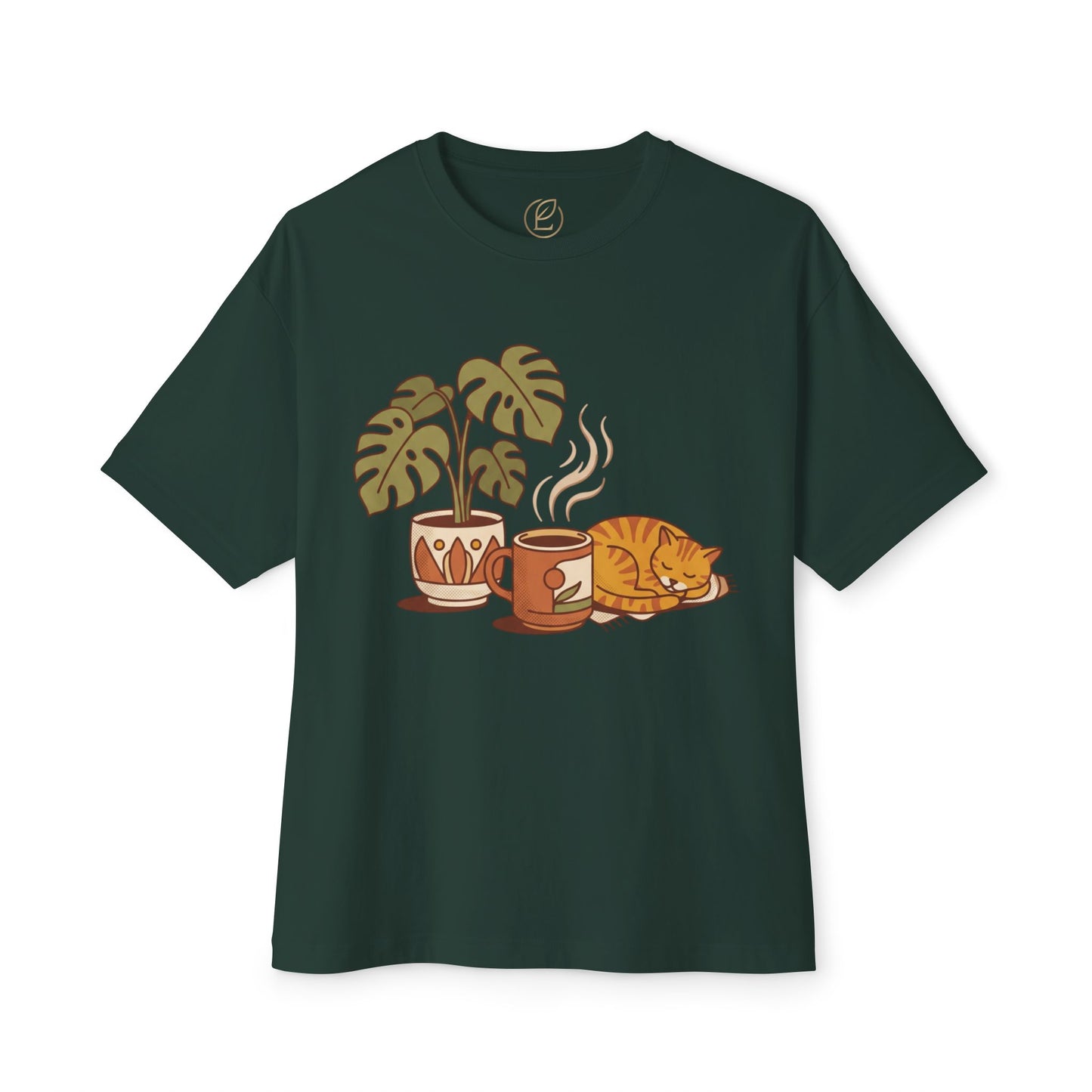 Cozy Cat & Coffee Tee — Cat Sleeping with Plant Graphic Shirt