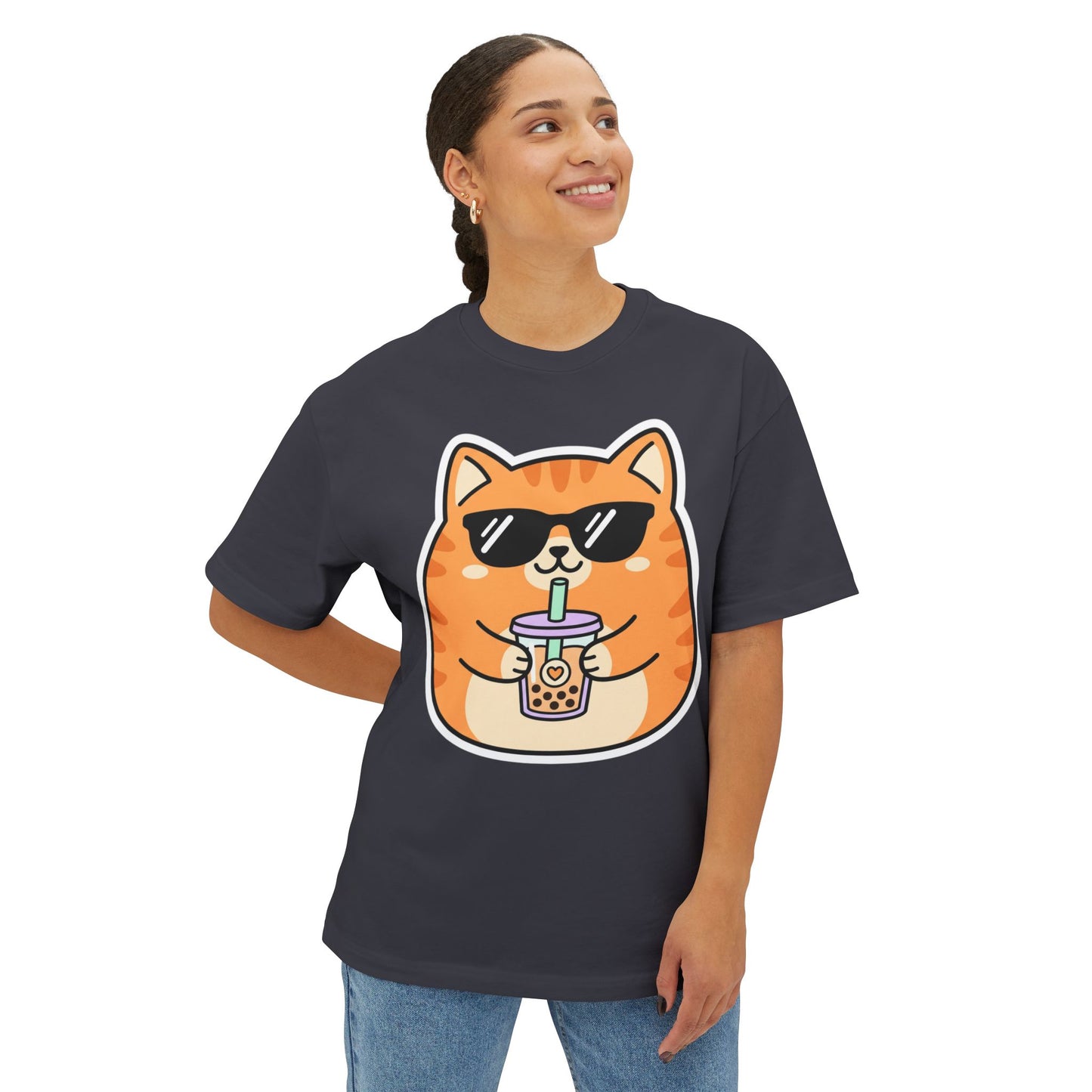 Cute Orange Cat Drinking Bubble Tea T-Shirt — Oversized Boxy Tee
