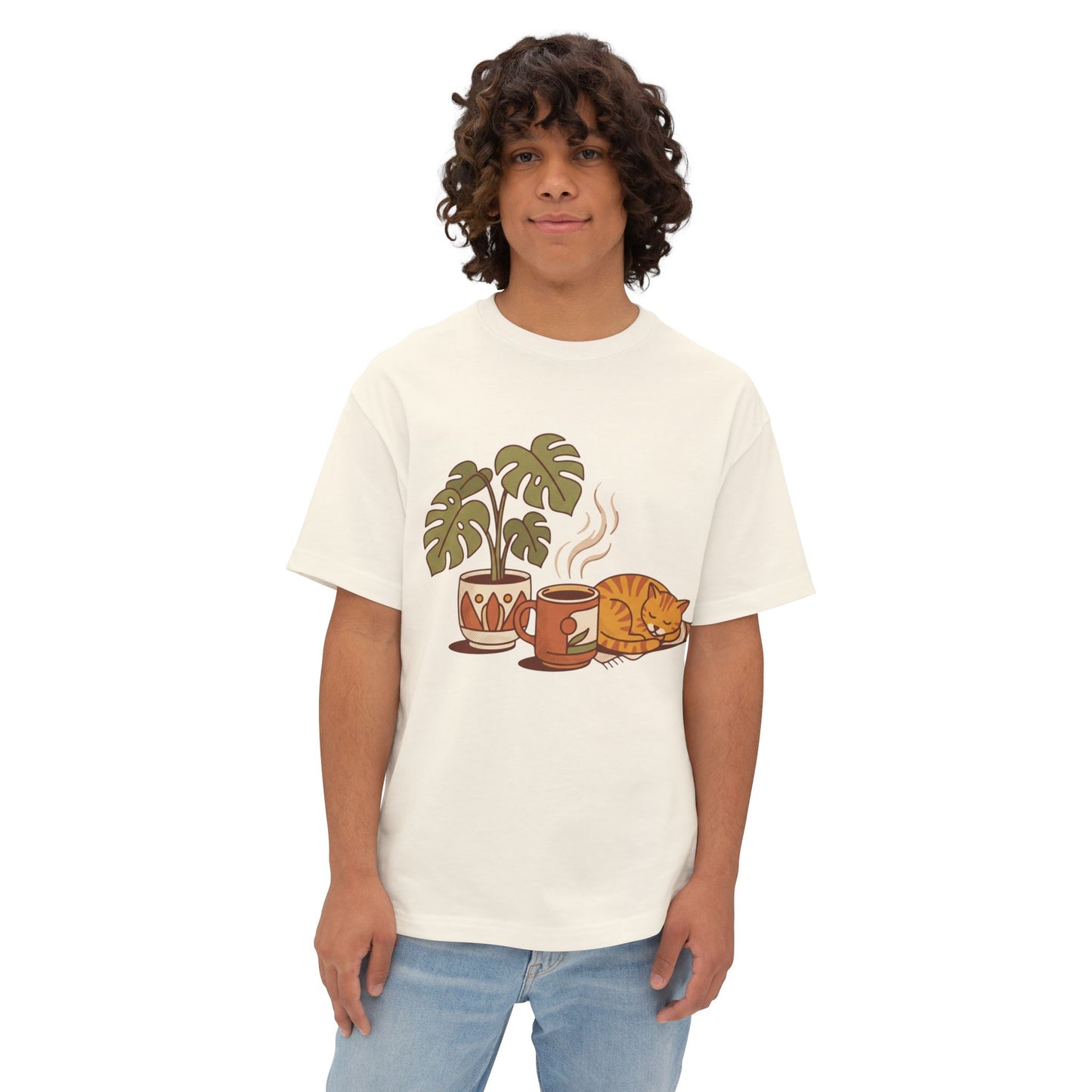 Cozy Cat & Coffee Tee — Cat Sleeping with Plant Graphic Shirt