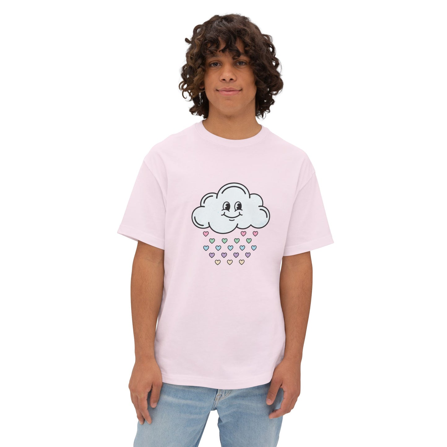 Cloud Smile Tee — Cute Rain of Hearts Oversized T‑Shirt