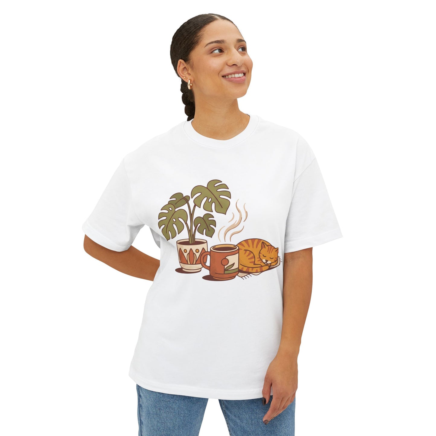 Cozy Cat & Coffee Tee — Cat Sleeping with Plant Graphic Shirt