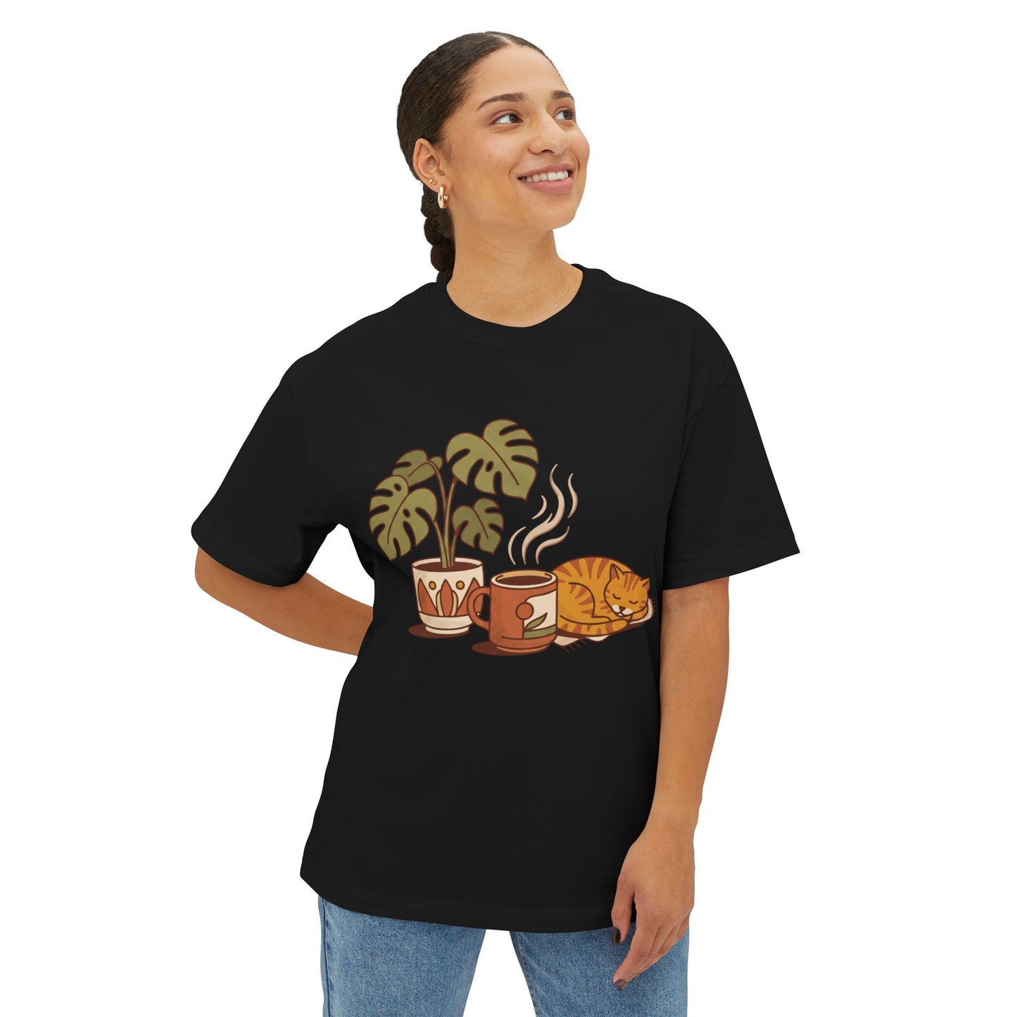 Cozy Cat & Coffee Tee — Cat Sleeping with Plant Graphic Shirt