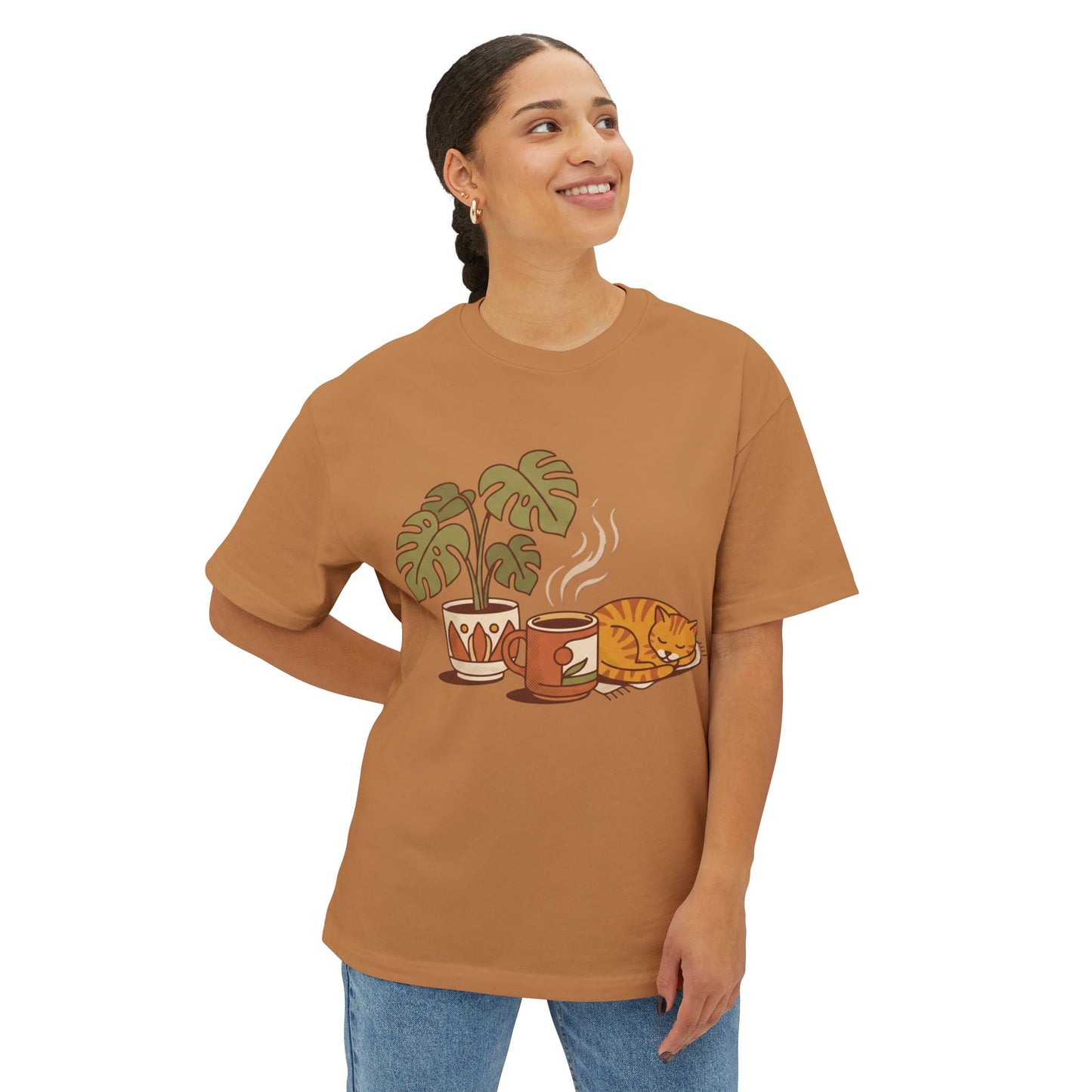 Cozy Cat & Coffee Tee — Cat Sleeping with Plant Graphic Shirt